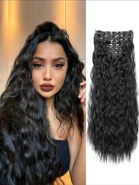 24 Inch Black Wavy Clip-In Hair Extensions - Natural Black